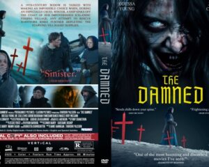 Front cover of The Damned DVD: a terrifying, scarred woman dominates the frame with a neon yellow title and red crosses in a snowy cemetery setting.