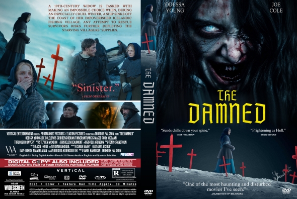 Front cover of The Damned DVD: a terrifying, scarred woman dominates the frame with a neon yellow title and red crosses in a snowy cemetery setting.