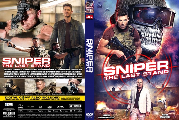 Double DVD cover for Sniper: The Last Stand—the left panel shows soldiers in action with the title, the right panel features the hero in tactical gear against a skull-and-scifi background.