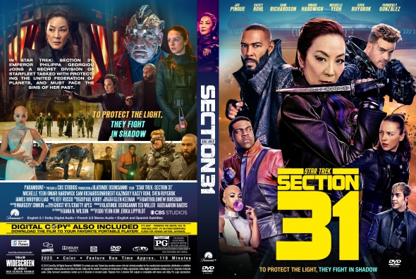 Front and back cover of Star Trek: Section 31 DVD. Front shows a bold yellow '31' title with key characters; tagline: 'To protect the light, they fight in shadow.' Back features ensemble cast and space imagery, with dense credits.