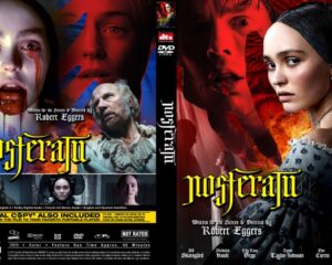 Two-panel DVD cover for a horror film: front shows a pale woman in a white dress against a fiery red background, title in yellow gothic font; back shows a screaming woman with blood and a collage of scenes.