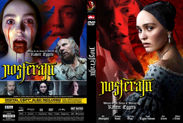 Two-panel DVD cover for a horror film: front shows a pale woman in a white dress against a fiery red background, title in yellow gothic font; back shows a screaming woman with blood and a collage of scenes.