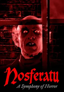 Red-tinted Nosferatu poster showing a terrifying vampire face with the title 'Nosferatu: A Symphony of Horror' below.
