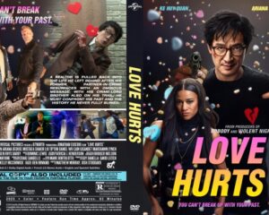 Front cover of the Love Hurts DVD: a man with glasses and a woman against a dark backdrop, with a bold pink-yellow title and hearts around them.