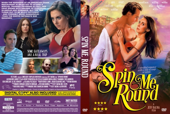 Front DVD cover: a shirtless man and a woman embrace on a tropical beach, bright yellow ‘Spin Me Round’ title in ornate font.