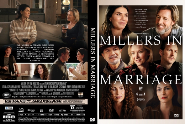 Two-panel DVD case: front cover shows a collage of smiling cast members with the title 'MILLERS IN MARRIAGE'; back cover features scene snippets and cast details.