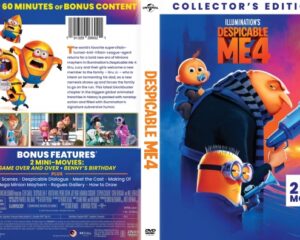 Front and back of a Despicable Me 4 Collector’s Edition DVD; Gru and minions on the front, back lists bonus features and 2 mini movies.