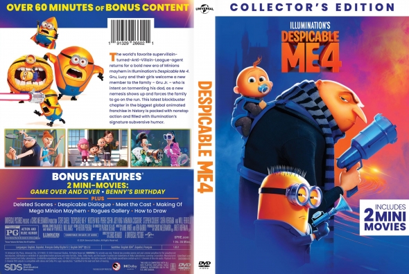 Front and back of a Despicable Me 4 Collector’s Edition DVD; Gru and minions on the front, back lists bonus features and 2 mini movies.