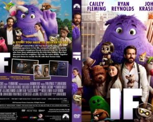 Two views of a movie poster: a large purple fuzzy monster with kids and adults, title 'IF' and cast names visible on the right side front cover; back cover shows scenes and synopsis.