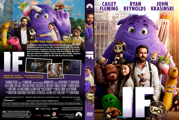Two views of a movie poster: a large purple fuzzy monster with kids and adults, title 'IF' and cast names visible on the right side front cover; back cover shows scenes and synopsis.