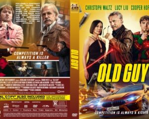 DVD cover of Old Guy: three actors posed with a speeding blue car on a bright yellow background, bold yellow 'OLD GUY' title and 'Competition is always a killer' tagline.