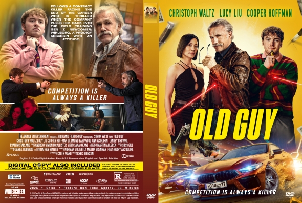 DVD cover of Old Guy: three actors posed with a speeding blue car on a bright yellow background, bold yellow 'OLD GUY' title and 'Competition is always a killer' tagline.