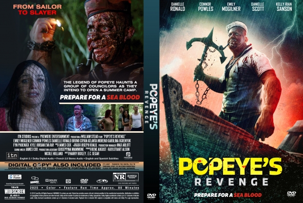 Two movie posters side by side: left shows a bloodied man and a frightened woman in a horror scene; right shows a muscular man with an axe on a stormy boat, Popeye's Revenge title.
