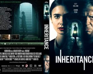 DVD cover for Inheritance: front shows Lily Collins’ face with a shadowed man beside her and a flashlight-lit hallway figure; back contains synopsis and small stills.