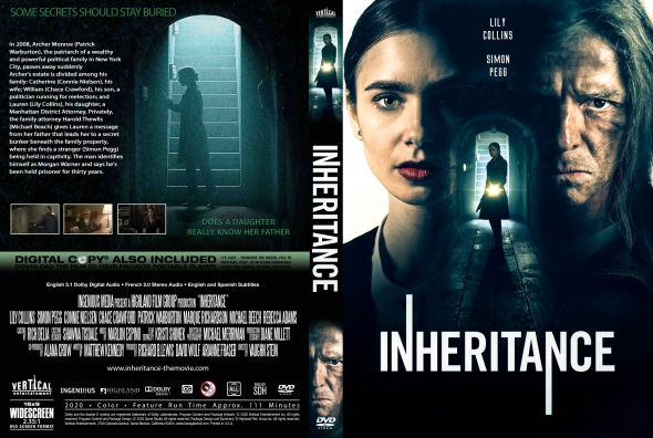 DVD cover for Inheritance: front shows Lily Collins’ face with a shadowed man beside her and a flashlight-lit hallway figure; back contains synopsis and small stills.