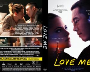 Two 'Love Me' posters side by side: the left is a back-cover collage with a couple in bed and several scene thumbnails; the right shows a close-up profile of a man and woman with a starry background and bold yellow 'LOVE ME' title.