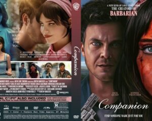 Dual DVD cover: back left collage of characters and a front right poster for 'Companion' with a burn-scarred woman and intense man holding a gun.
