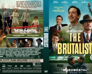 Front cover of The Brutalist DVD: collage of actors in vintage suits, bold yellow title THE BRUTALIST, car and blue-green background elements suggesting an Americana setting.
