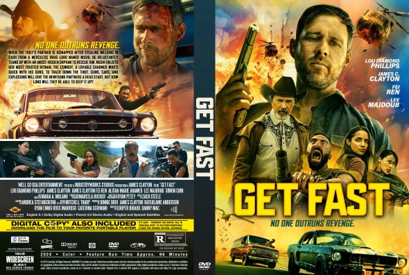 Movie poster for Get Fast, featuring gun-wielding men, explosions, and fast cars, with bold yellow title.