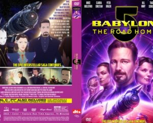 DVD cover for Babylon: The Road Home with a purple cosmic backdrop, featuring the main characters center-left and a starship in the upper left, bold yellow title across the top.