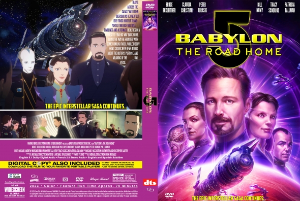 DVD cover for Babylon: The Road Home with a purple cosmic backdrop, featuring the main characters center-left and a starship in the upper left, bold yellow title across the top.