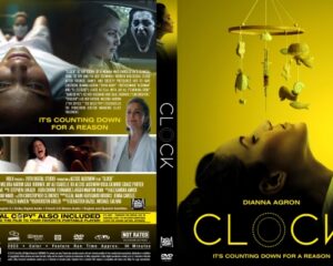 Front cover of the DVD Clock: a woman lying with a yellow background and a hanging mobile, movie title Clock and tagline 'It's counting down for a reason'.
