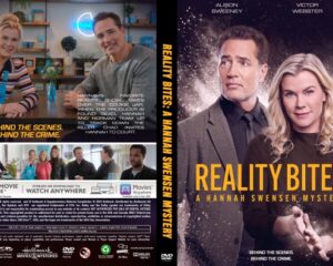 Front cover poster for Reality Bites: A Hannah Swensen Mystery, showing a man in a suit and a blonde woman with a serious expression and a bold orange title.
