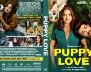 Poster for the Freevee film Puppy Love: a smiling woman with dogs, bold yellow title, and the tagline 'One bone can change everything'.