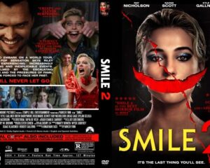 Front cover of the Smile 2 DVD: a blonde woman with a red, tape-like smile across her mouth and bold yellow 'SMILE 2' text; horror poster vibe.
