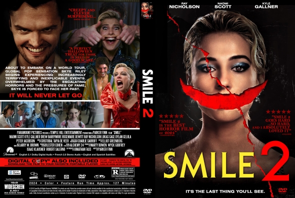 Front cover of the Smile 2 DVD: a blonde woman with a red, tape-like smile across her mouth and bold yellow 'SMILE 2' text; horror poster vibe.
