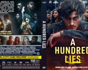 Front and back cover of the DVD for 'A Hundred Lies': the front shows a tense young man gripping a chain with a blue/red glow and the film title in bold white letters; the back features a collage of cast, a synopsis, and credits.