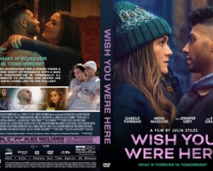 Front cover: Wish You Were Here DVD with a close-up of a woman in a blue knit hat facing a man under blue lighting; pink title at the bottom.