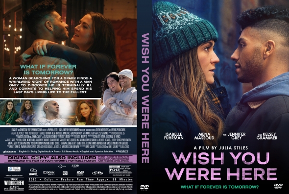 Front cover: Wish You Were Here DVD with a close-up of a woman in a blue knit hat facing a man under blue lighting; pink title at the bottom.