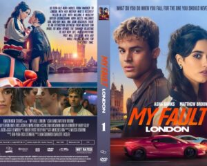 Movie poster for My Fault London: a couple embracing beside a red sports car with the London skyline in warm evening light, romantic mood implied.