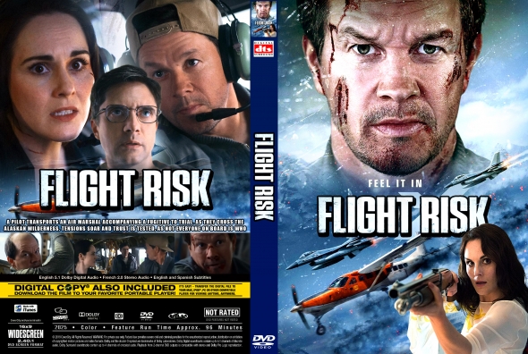 DVD cover for Flight Risk: Front shows a rugged man in a close-up with a woman aiming a handgun and the title 'Flight Risk'; back shows three characters in a cockpit with the title and credits.