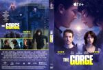 Dual-panel DVD cover for The Gorge: action-packed left panel with armed characters in blue hues, right panel a close-up of two faces with warm lighting and the bold yellow title at the bottom, Apple TV+ logo visible on top.