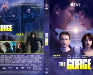 Dual-panel DVD cover for The Gorge: action-packed left panel with armed characters in blue hues, right panel a close-up of two faces with warm lighting and the bold yellow title at the bottom, Apple TV+ logo visible on top.