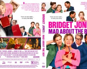 DVD cover for Bridget Jones: Mad About the Boy, showing Bridget in a pink sweater with a group of colorful characters and a bold pink title