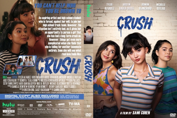 Front cover of the film Crush: four young women leaning against a brick wall with a bold blue CRUSH title.