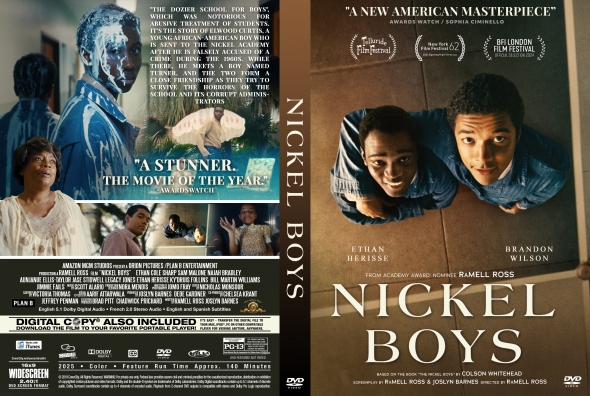 Front cover of the Nickel Boys DVD showing two boys leaning over and looking up at the camera with the title 'Nickel Boys'