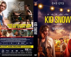 Front cover of the Kid Snow DVD poster: dusk scene with string lights, a bearded man in a blue tank top and a woman, bold yellow title 'KID SNOW'.