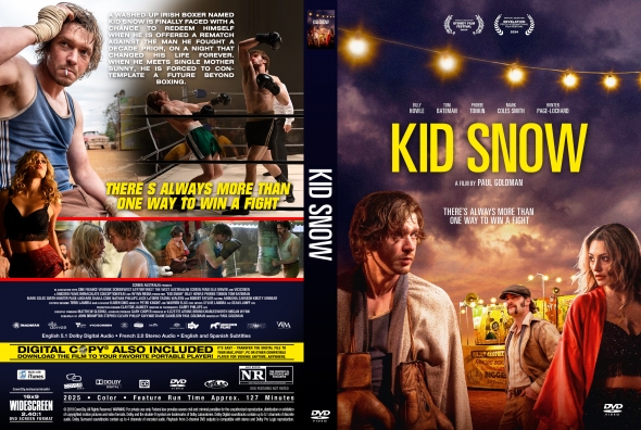 Front cover of the Kid Snow DVD poster: dusk scene with string lights, a bearded man in a blue tank top and a woman, bold yellow title 'KID SNOW'.