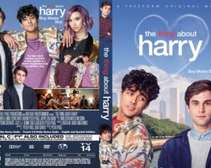 Front and back cover of The Thing About Harry DVD; two male leads pose against a blue sky and cityscape with a colorful collage on the back cover.
