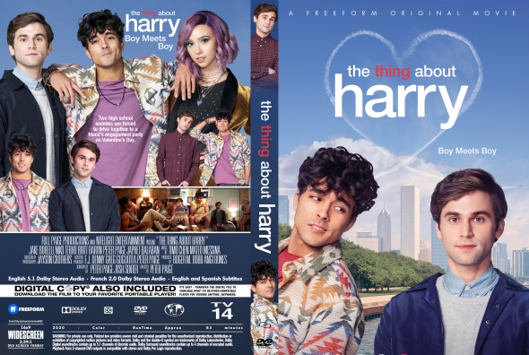 Front and back cover of The Thing About Harry DVD; two male leads pose against a blue sky and cityscape with a colorful collage on the back cover.