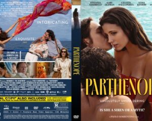 Front cover of the Partenope DVD: a woman with long hair leaning toward a man by a turquoise sea, bold gold PARTENOPE title across the right edge, subtitle 'Absolutely Smouldering'
