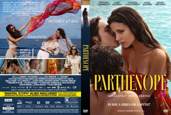 Front cover of the Partenope DVD: a woman with long hair leaning toward a man by a turquoise sea, bold gold PARTENOPE title across the right edge, subtitle 'Absolutely Smouldering'