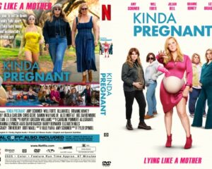 DVD cover for 'Kinda Pregnant' showing a pregnant woman in pink dress center, surrounded by friends; title at top and bright pink accents.