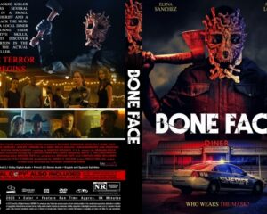 Poster for the movie Bone Face showing a masked killer looming over a neon-lit diner scene at night and a police car in the foreground, with the title Bone Face.
