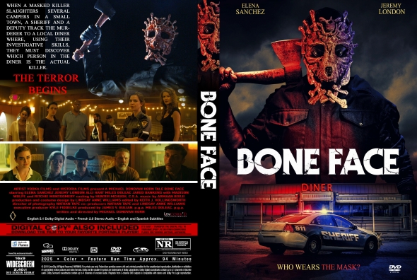 Poster for the movie Bone Face showing a masked killer looming over a neon-lit diner scene at night and a police car in the foreground, with the title Bone Face.