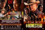 Movie poster for Homestead featuring a rugged cowboy and a burning desert landscape with gun-wielding survivors in the foreground.